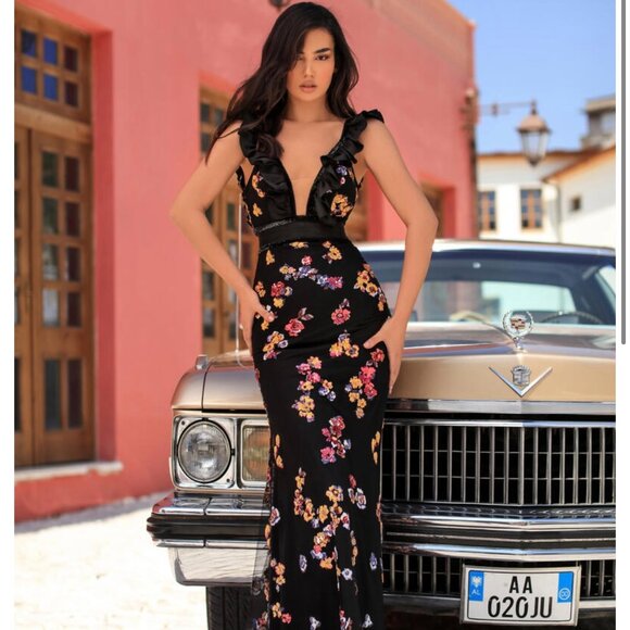 Tarik Ediz - Ruffle Trimmed Floral Sequined Gown - Picture 1 of 9